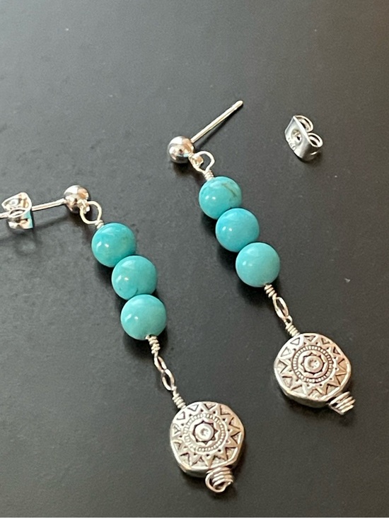 Hand Crafted Jewelry - Hand Crafted Turquoise Bead Drop Earrings with Silver Medallion